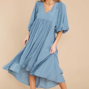 Sweet Interlude Dusty Blue Midi Dress (size small)